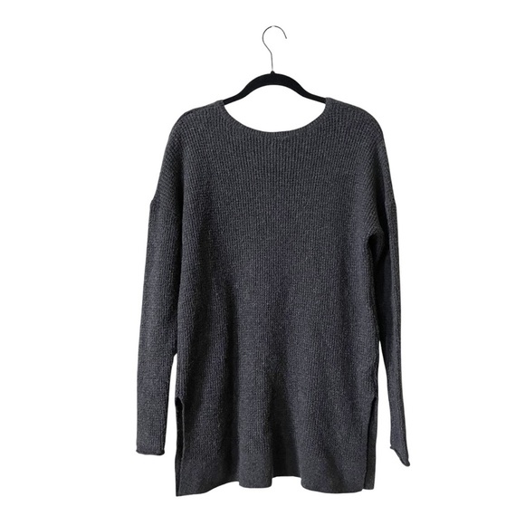LOFT Ribbed Sweater Women's Size S Charcoal Gray Cotton Blend V-Neck Side Slits - Picture 4 of 6